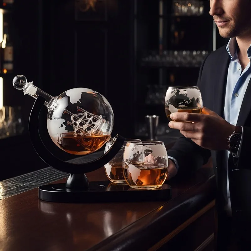 Creative Globe Decanter Set with Carafe Exquisite Wood-stand and 2 Whisky Glasses Whiskey Decanter Globe Grade Gift Men's Gift