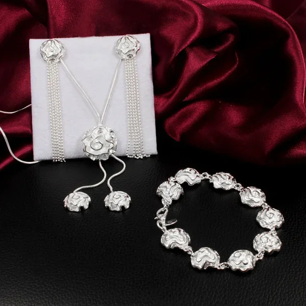 Hot Fashion Pretty Rose flower 925 Sterling Silver necklace bracelet earring Jewelry set for women Party wedding Holiday gifts