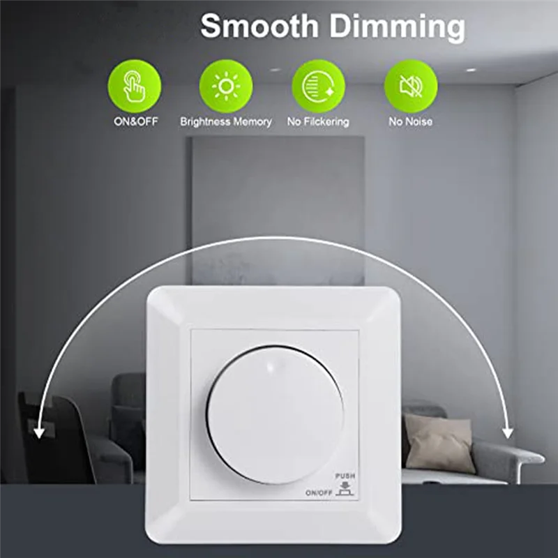 New LED Dimmer Switch, Flush-Mounted Dimmer for Dimmable LED and Halogen, 5-300 W Dimmer Switch LED, Phase Control Dimmer