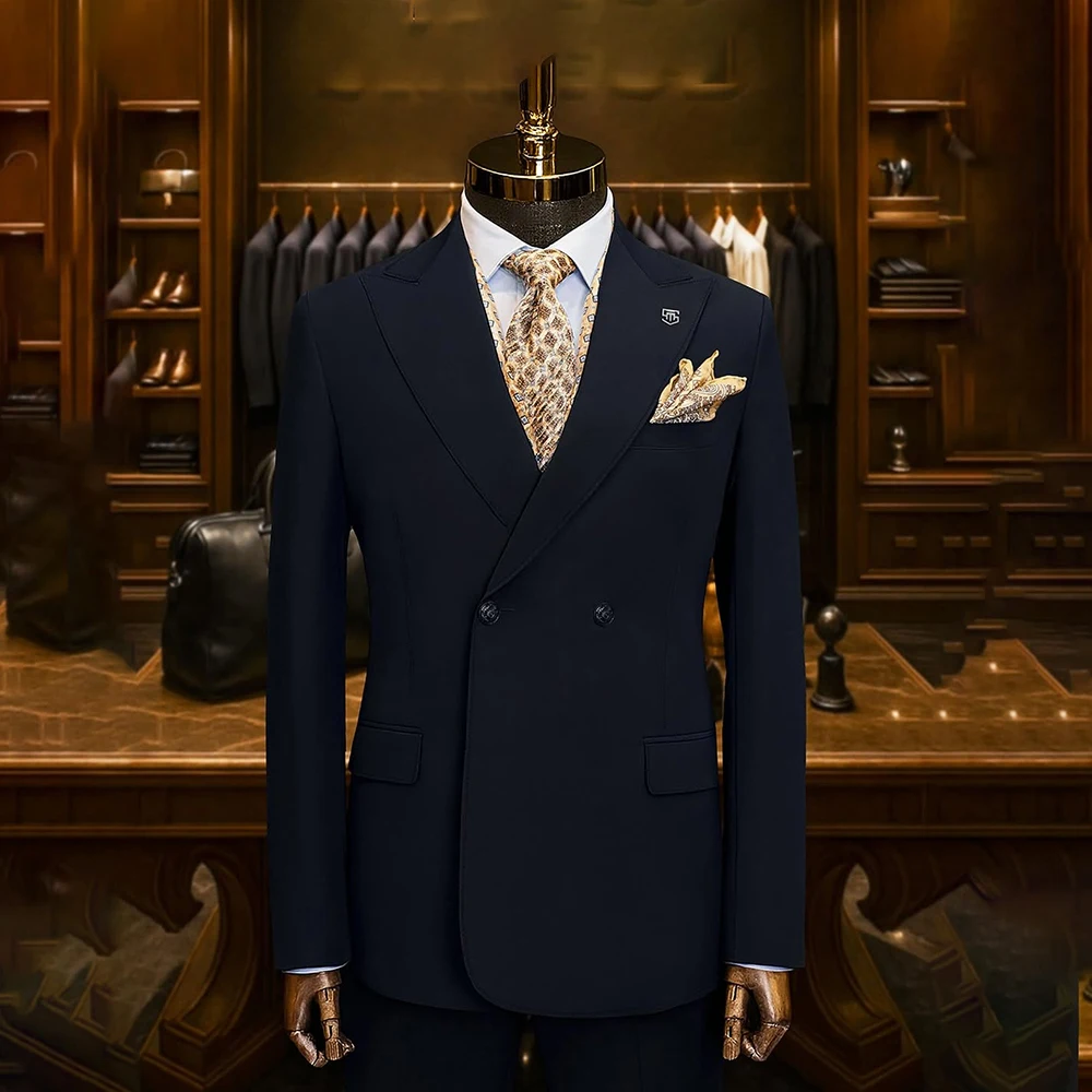 

Темно-синие мужские костюмы для свадьбы, роскошные двубортные костюмы с острым лацканом, приталенная куртка, брюки, индивидуальный элегантный повседневный наряд