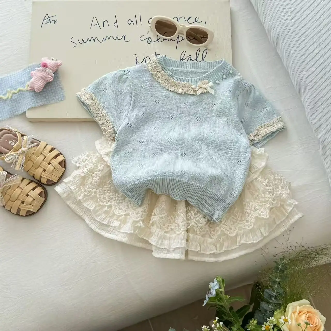 

Sweet Girl Set Summer Knitted Short Sleeve T-shirt Lace Cake Half Skirt Two Piece Set Fashionable