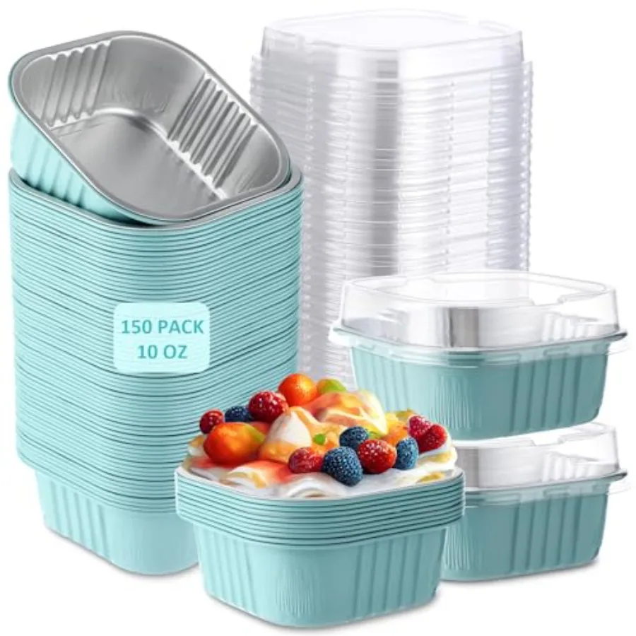 

150 Pcs 10 oz Mini Cake Pans with Lids Aluminum Foil Baking Cup Square Disposable 4 x 4 Large Cupcake Cups Baking Tins, Gift fo