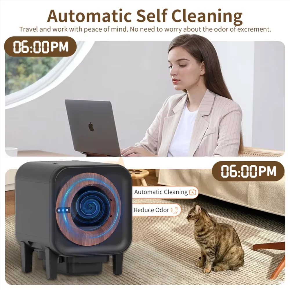 OEM Smart Electric Automatic Cat Litter Box Wood Grain Furniture Style App Control Infrared Self Cleaning Cat Litter Box