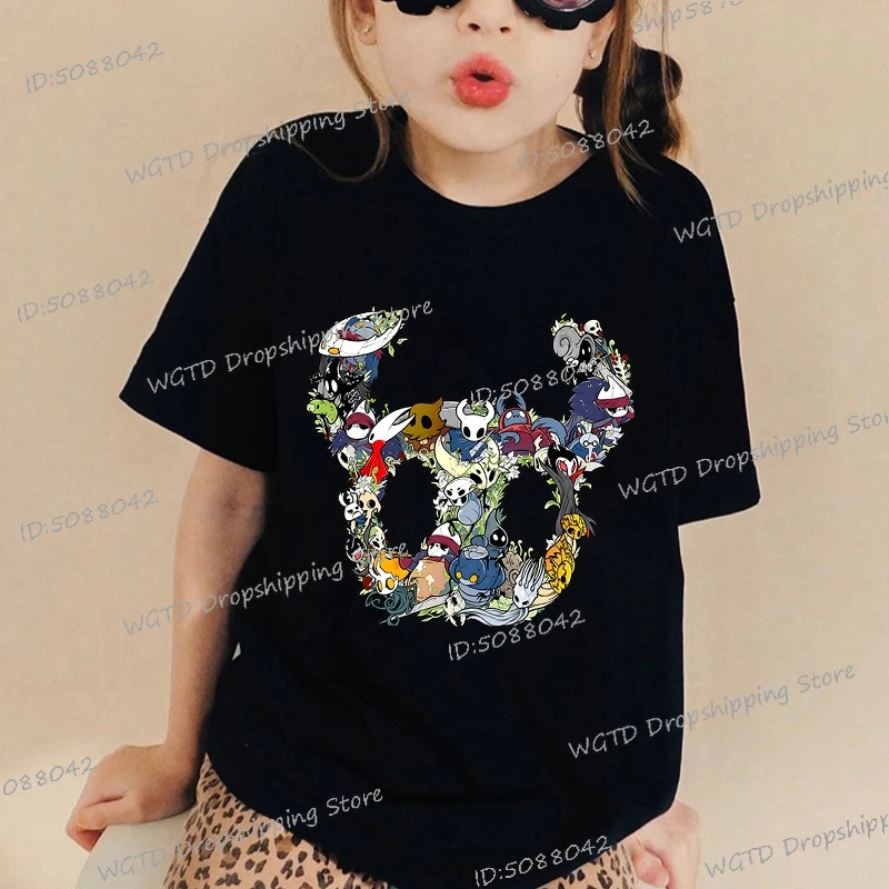 2025 الصيف الكرتون الجوف فارس مطبوعة 5-13 سنة تي شيرت بنين بنات مضحك لعبة الجوف فارس Silksong الأطفال Y2K بلايز تيز