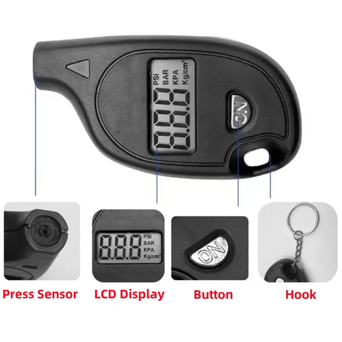 LCD Digital Display Mini Tire Pressure Gauge 4 Type Pressure Units Car Bicycle Motorcycle Keychain Tire Gauge Measuring Tool 1Pc