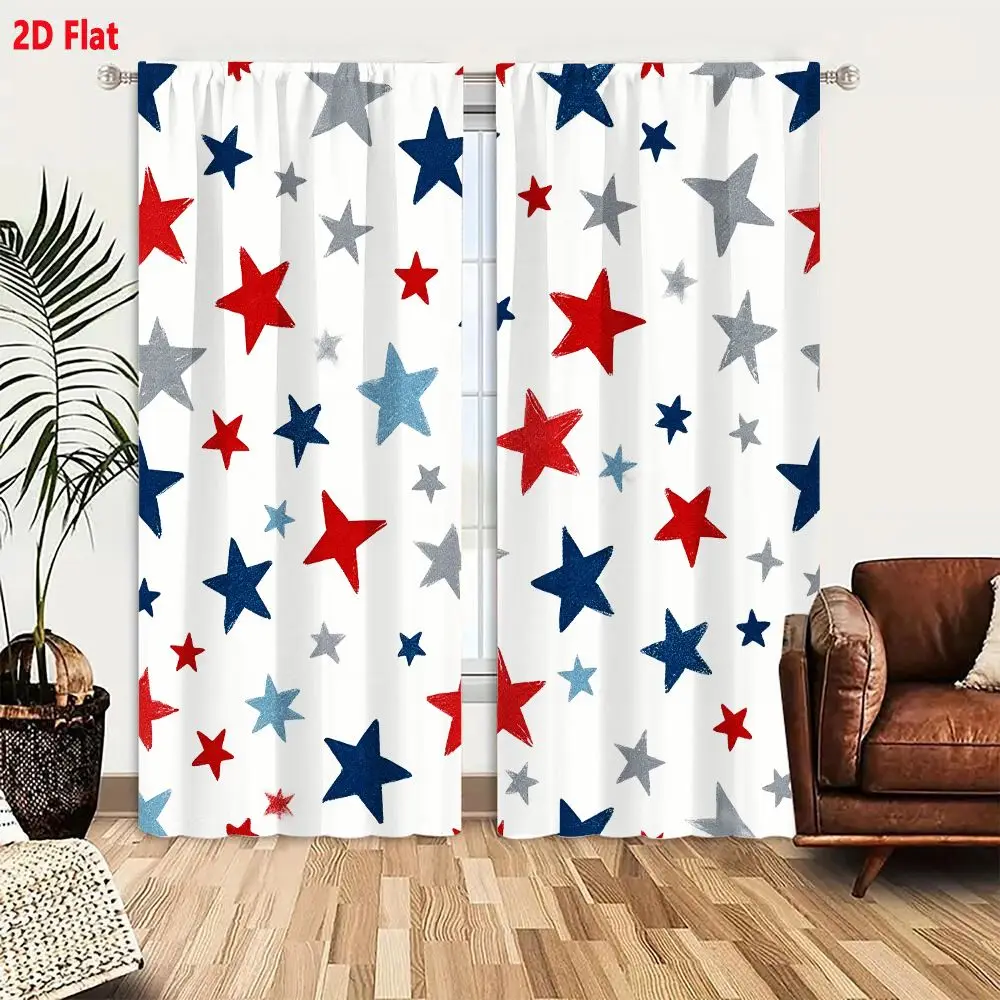 2Pcs Curtains 2D Flat Seamless Pattern With Hand-Painted Five-Pointed Stars In Red Blue And Grey On White Background Window Drap