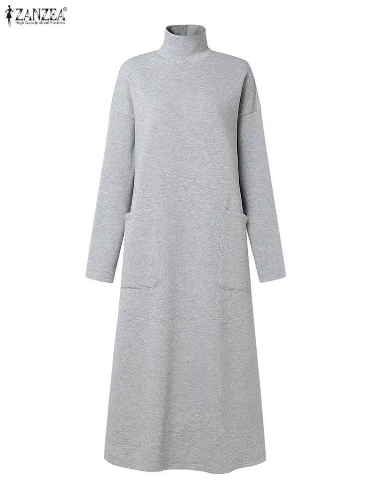 ZANZEA Fashion Sweatshirt Dress Women Casual Turtleneck Long Sleeve Solid A-Line Midi Dresses for Woman FW 2025 Cozy Warm Robes - Image 2