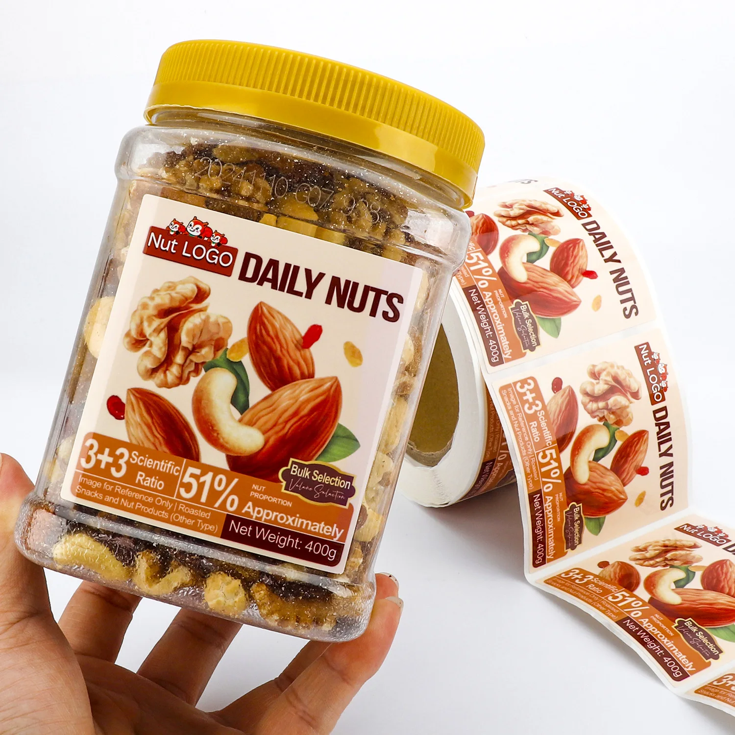 Custom snack stickers, nuts, dried fruits, and food packaging seals, self-adhesive labels, and logo printing. Custom designs av view 5