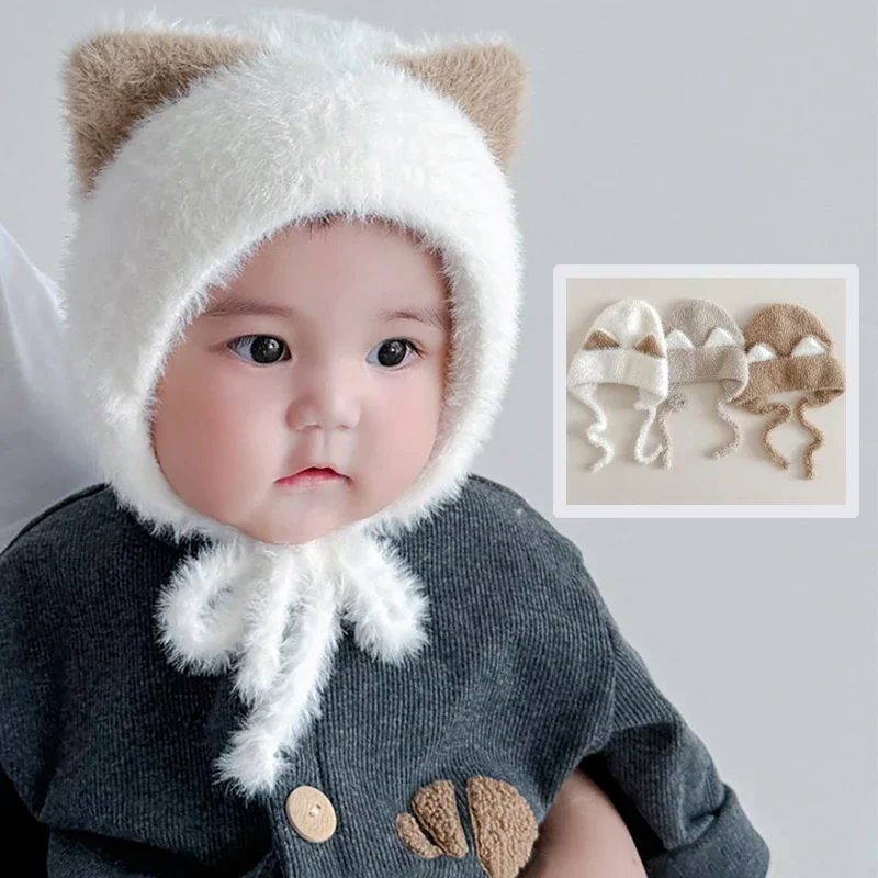 

Cute Cat Baby Ear Protection Cap Winter Warm Thick Fur Knit Hat Solid Color Cartoon Kids Boy Girls Plush Hats