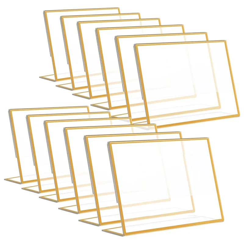 12PCS Gold Frame Acrylic Sign Holder Wedding Table Number Holder Slanted Menu Double Sided Stand, 4X6Inch Horizontal