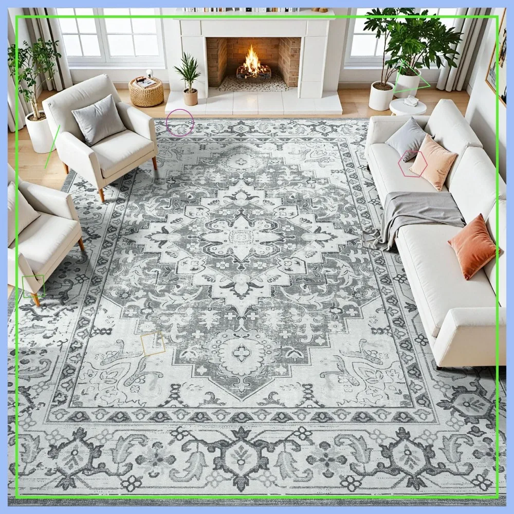 

Моющийся коврик 8x10 футов - винтажный цветочный дизайн в стиле бохо, нескользящая резиновая основа, подходит для детей и домашних животных, серо-белый