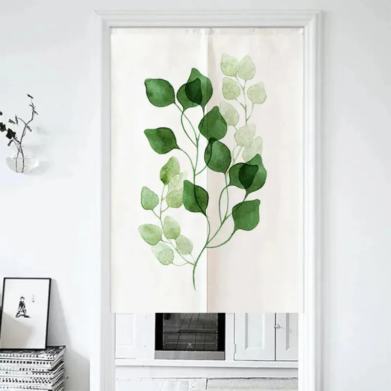 VIKAMA Watercolor Green Leaf Print Door Curtain, Minimalist Botanical Half Curtain, Natural Home Decor For Kitchen & Bedroom