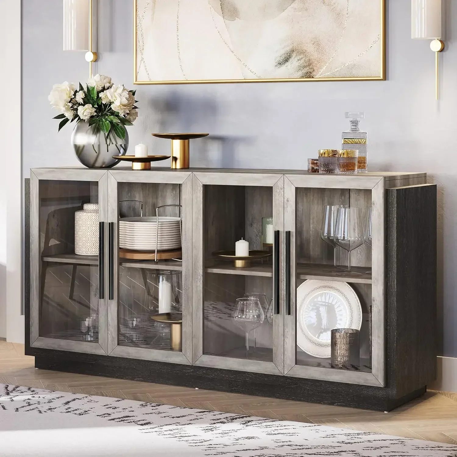 Sideboard Buffet Cabinet, Modern Wood Glass-Buffet-Sideboard with Storage, Console Table for Kitchen, Dining Room, Living Room