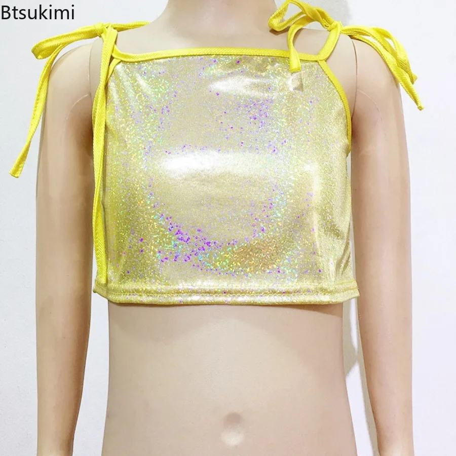Child Kids Girl Tank Top Shiny Metallic Camisole Crop Tops Lace-up Shoulder Straps Clothing Performance Sling Dance Costume Vest