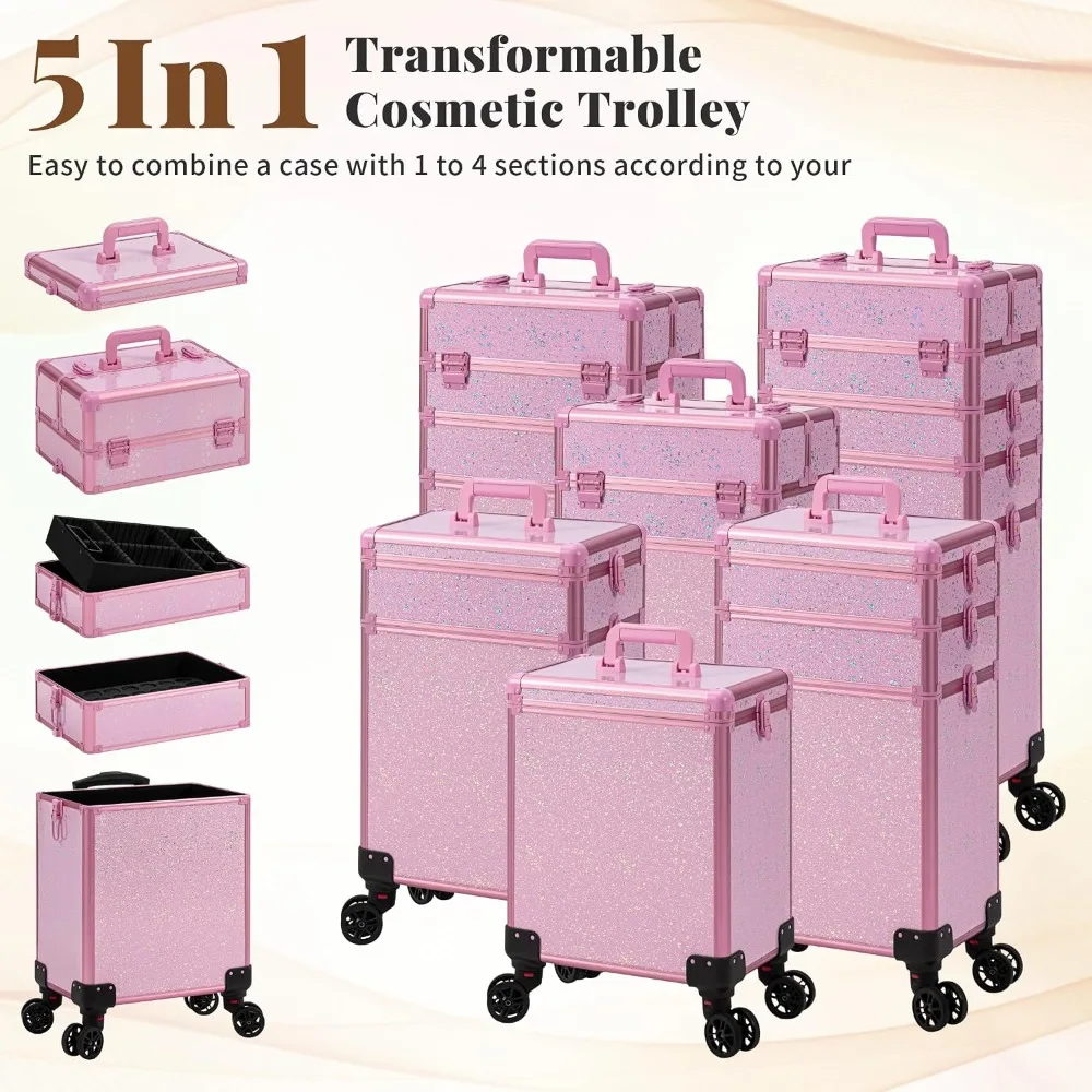 5-in-1 Rolling Makeup Train Case, Large Capacity Cosmetic Trolley with Lockable Wheels, Pink view 2