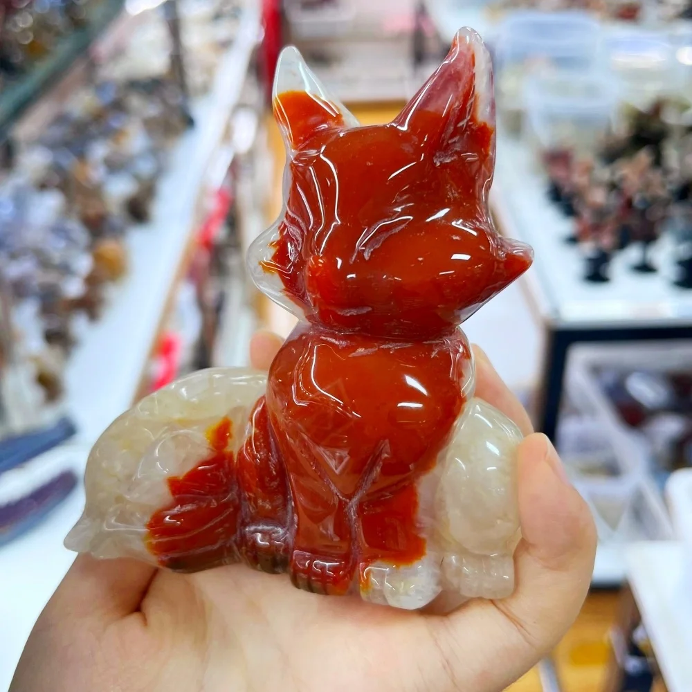 1PC Natural Red Agate Nine-tailed Fox Hand Carved Sculpture Animal Crystal Healing Stone Ornament Home Decor Desktop Craft Gift