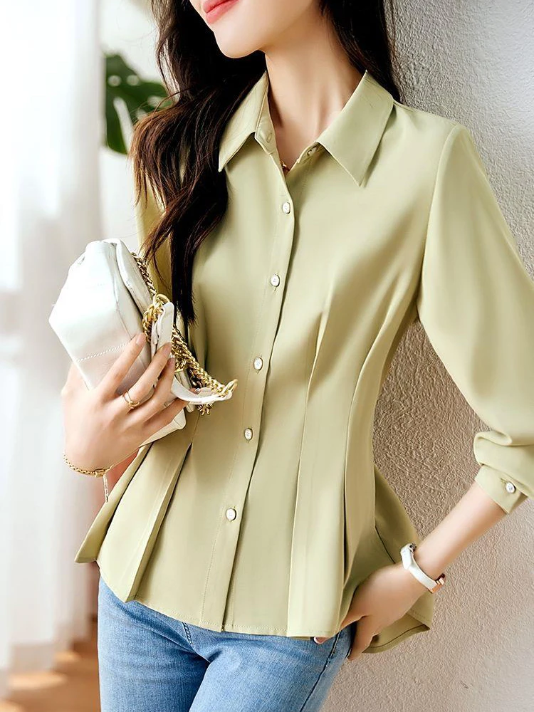

New Women Shirts Fashion Simple and Elegant Solid Shirt Chic Folds Long-sleeve Blouses Female Work Clothes Button Womens Tops