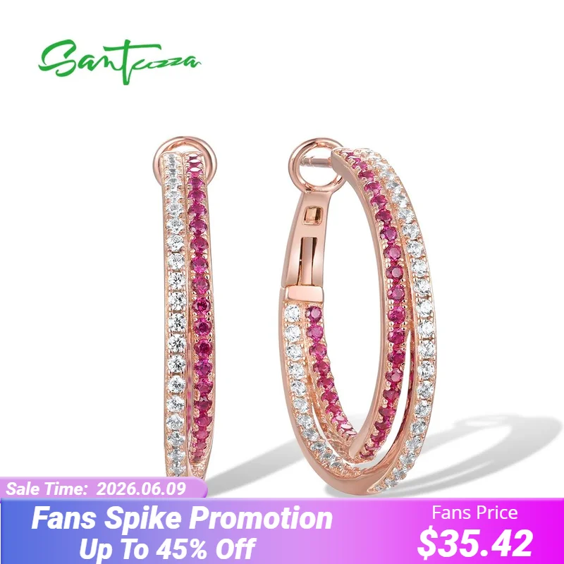 

SANTUZZA Pure 925 Sterling Silver Hoop Earrings For Women Sparkling Lab Created Ruby White CZ Glamorous Fashion Fine Jewelry