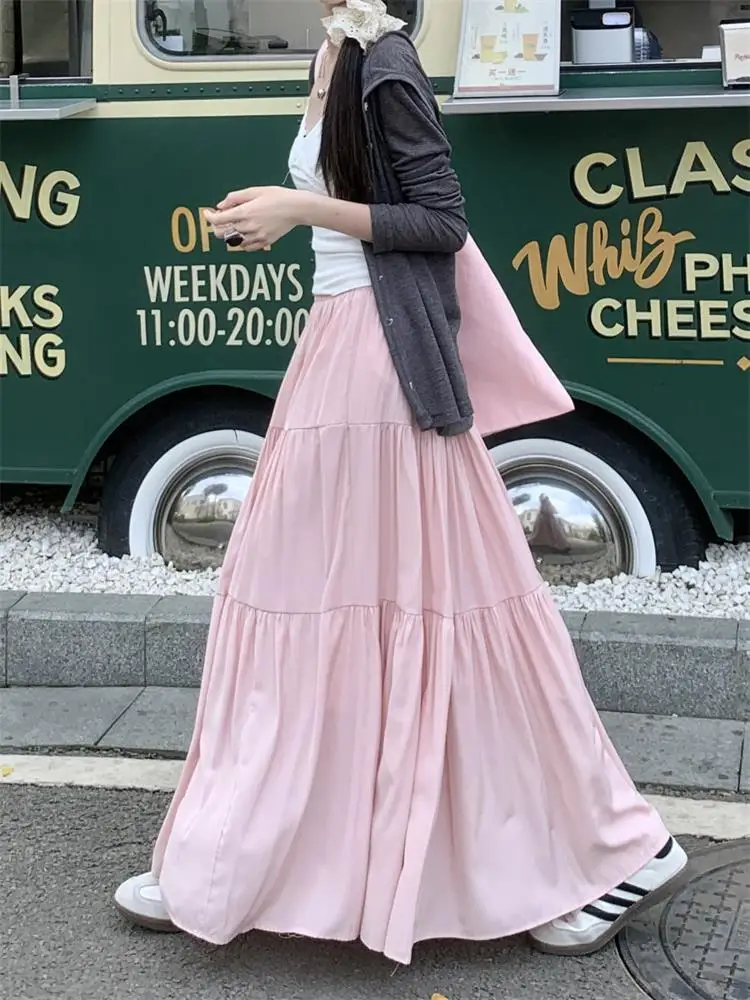 Women Sweet Cake Skirt Autumn Trend High Waist Pleated Skirt Casual Elegant All-Match Solid A-line Big Swing Double Layer Skirt