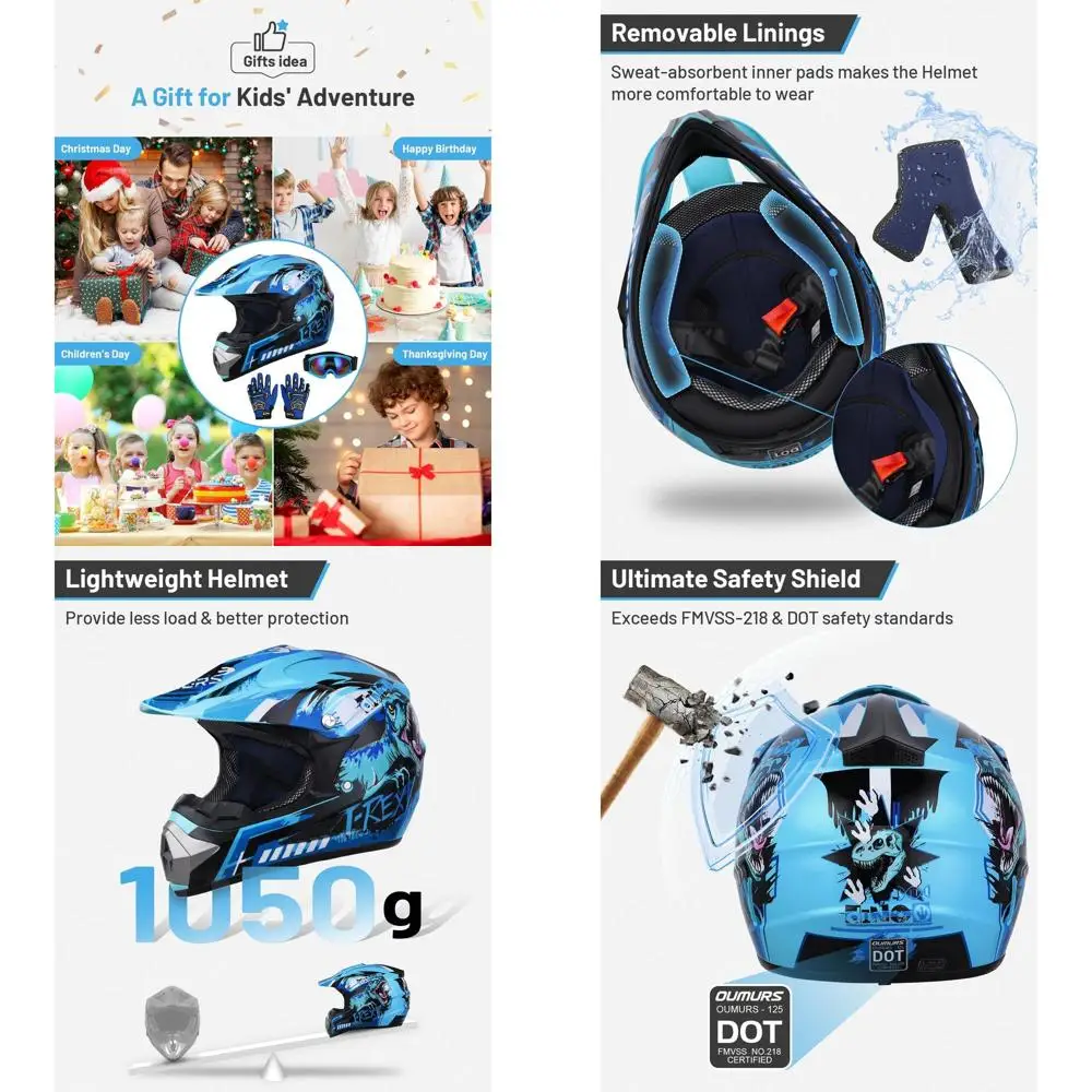 

Youth Dirt Bike Helmet with Goggles and Gloves for Ages 5-14, Suitable for ATV, Motocross, BMX, and Offroad Activities