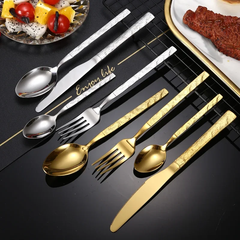 24pcs Cutlery Set Stainless Steel Black Stone Grain Handle Tableware Knives Fork Tea Spoons Dinner Kitchen Dinnerware Silverware