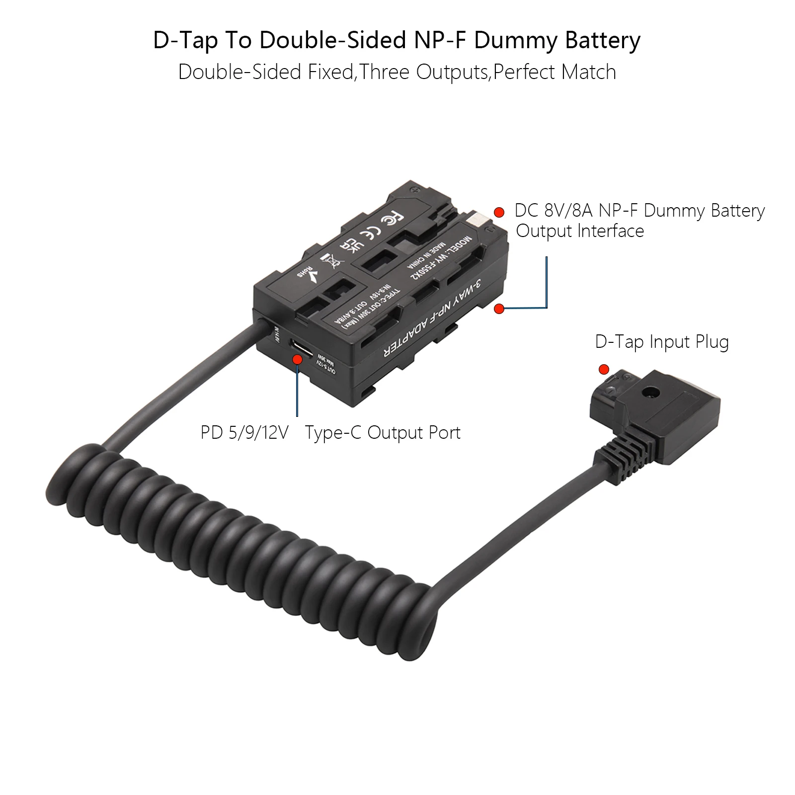 Probty D-Tap auf doppelseitiger NP-F550 NP-F Dummy-Akku für Feldmonitor, LED-Licht, kabellose Videoübertragung, Shinobi-Monitor