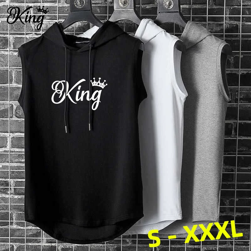 New King Men's Workout Tank Top Sleeveless Get Fit Hooded Cut Off Shirt Lace-up Bodybuilding Muscle T Shirts S-3XL