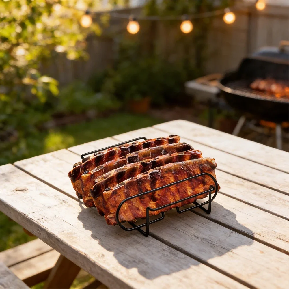 Non-Stick BBQ Rack for Steaks Lamb Chops Compact Metal Grill Fits Air Fryers 31.5x26x7.3cm Black Silver Design