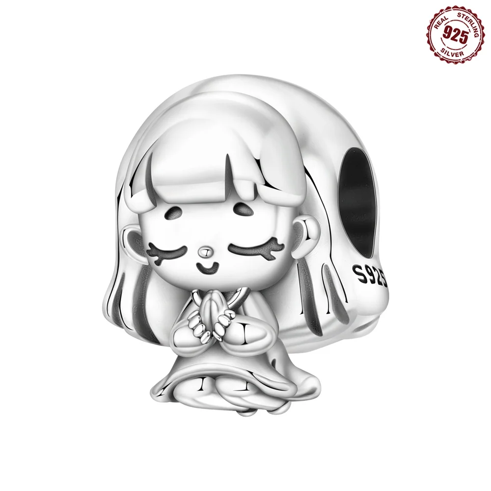 S925 Sterling Silver Adorable Praying Girl Charm Cute Cartoon Wishful Little Girl Pendant Fit Bracelets Jewelry Gift for Women