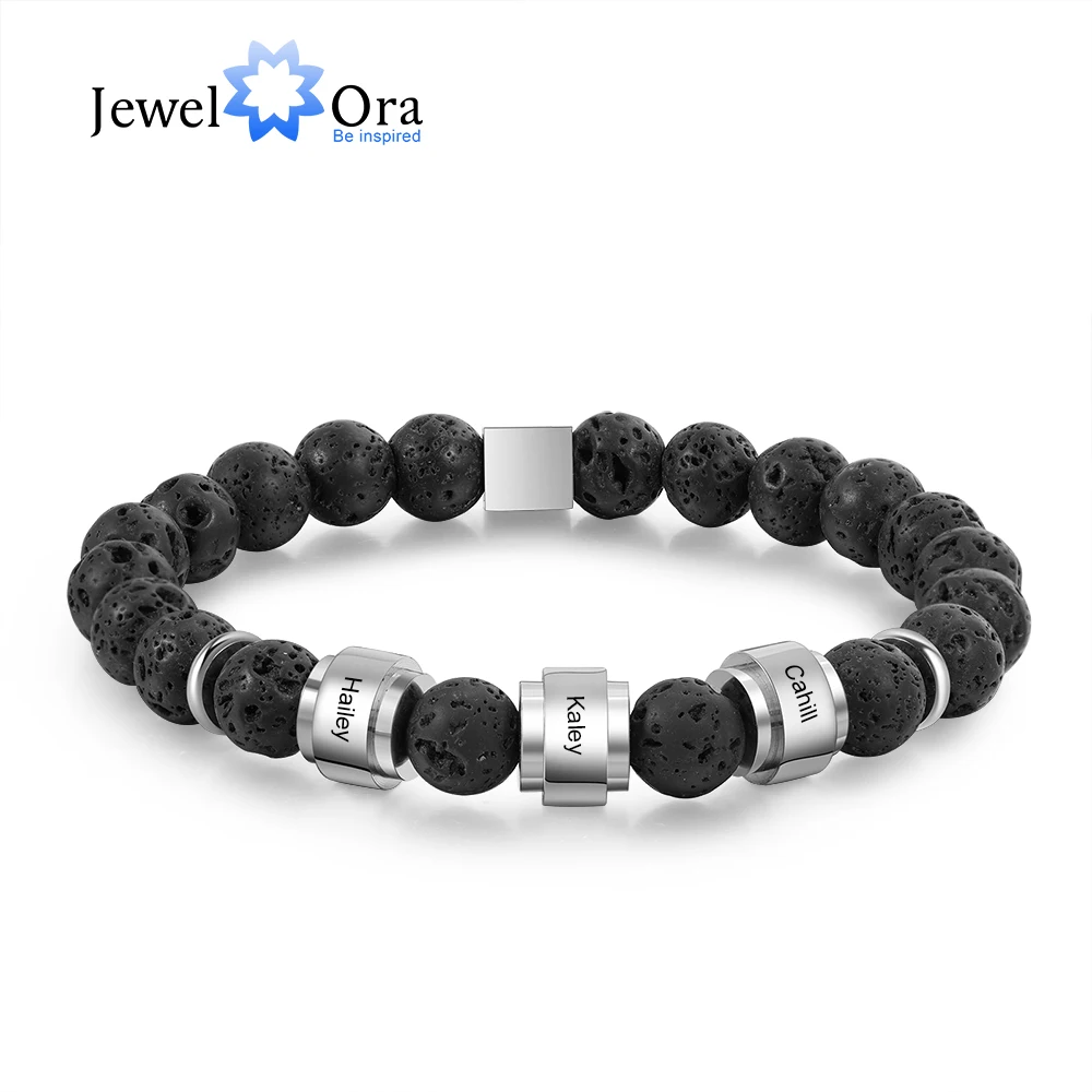 Personalize Men Beads Bracelets Family 12 3 4 5 6 Names Charm Bangle Black Jewelry Gift for Father Dad Grandpa Husband