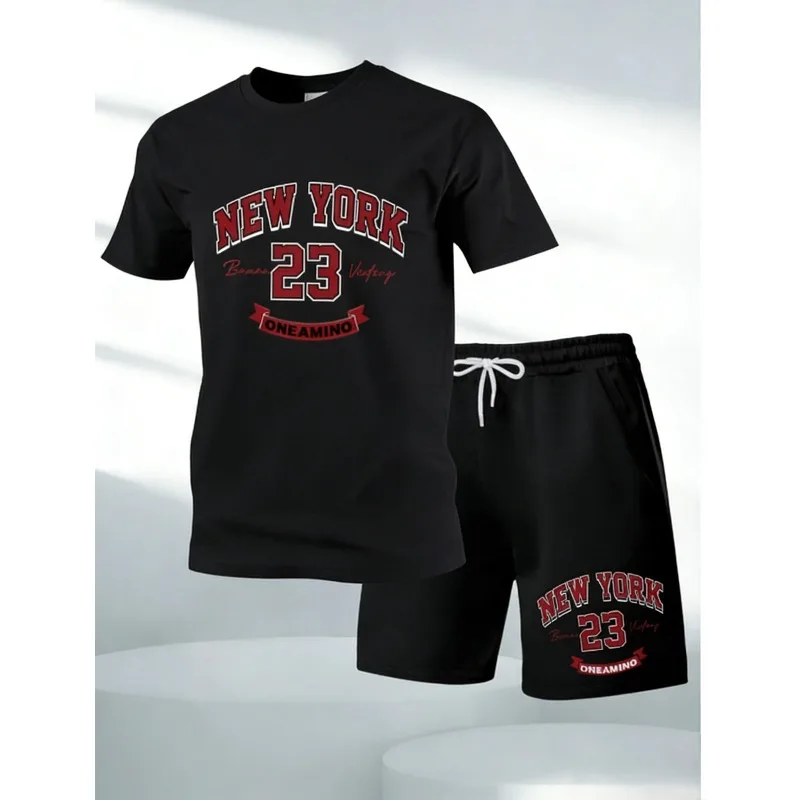 

New men's sports outfit. Men's casual sportswear. Printed short-sleeved sports shirt set. Patterned set. Quick-drying set.