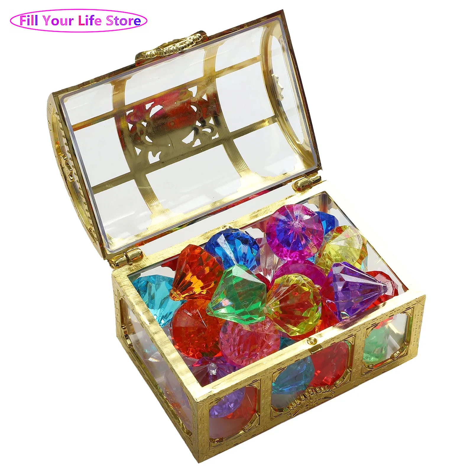 

Kids Acrylic Plastic Toy Diamonds Gems with Pirate Treasure Chest for Play House DIY Toys for Birthday Party Beach Swimming Pool