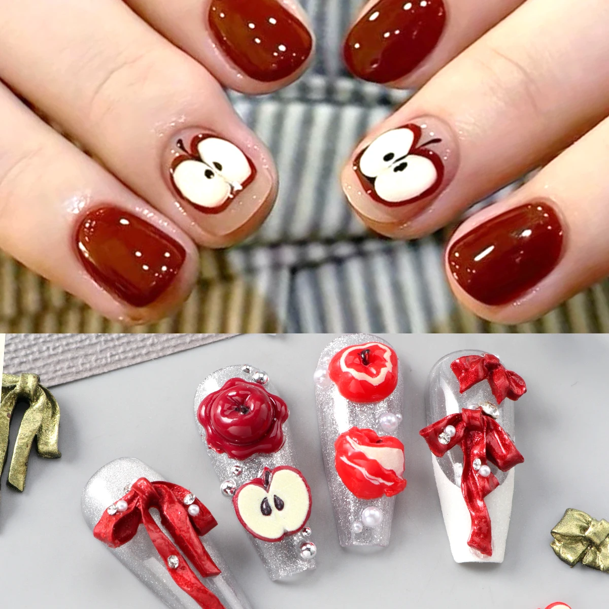 50cs/bag Red Apple Gift Bowknot Nail Charms Ribbon Bow Take A Bite Of Apple Flatback Chritsmas Manicure Design DIY Nail Supplies