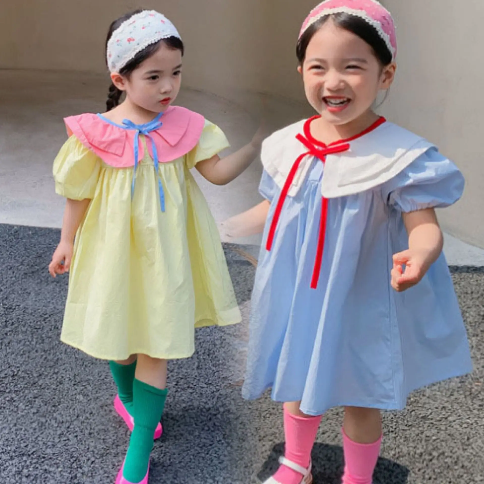 

Summer Blue Yellow Cotton Dress Lolita Child Girls Casual Midi Dress Children Dresses For Teens Party Princess Sundress