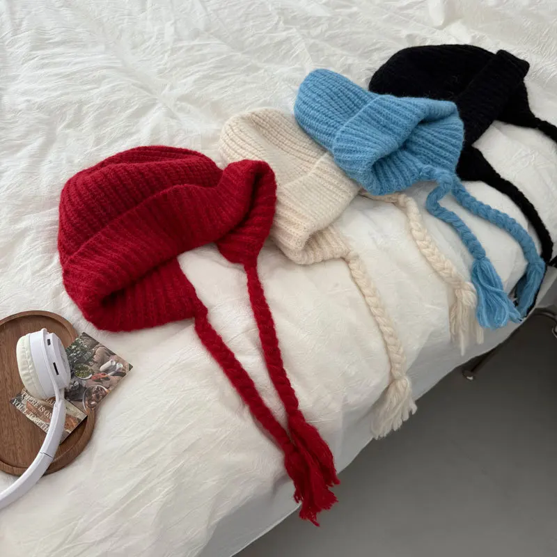 Winter Cute Tassel Braid Earflap Beanie 100% Acrylic Ribbed Knit Warm Soft Face Flattering Hat For Women Daily School Christmas