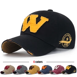 New Fashion W Letter Patch Embroidery Brushed Wash Distressed  Design Style Men Women Cotton Adjustable Baseball Cap