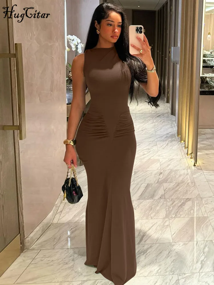 Hugcitar 2025 elegante sólido sem mangas drapeado sexy bodycon maxi vestido de baile verão roupas de moda feminina festa de aniversário festival