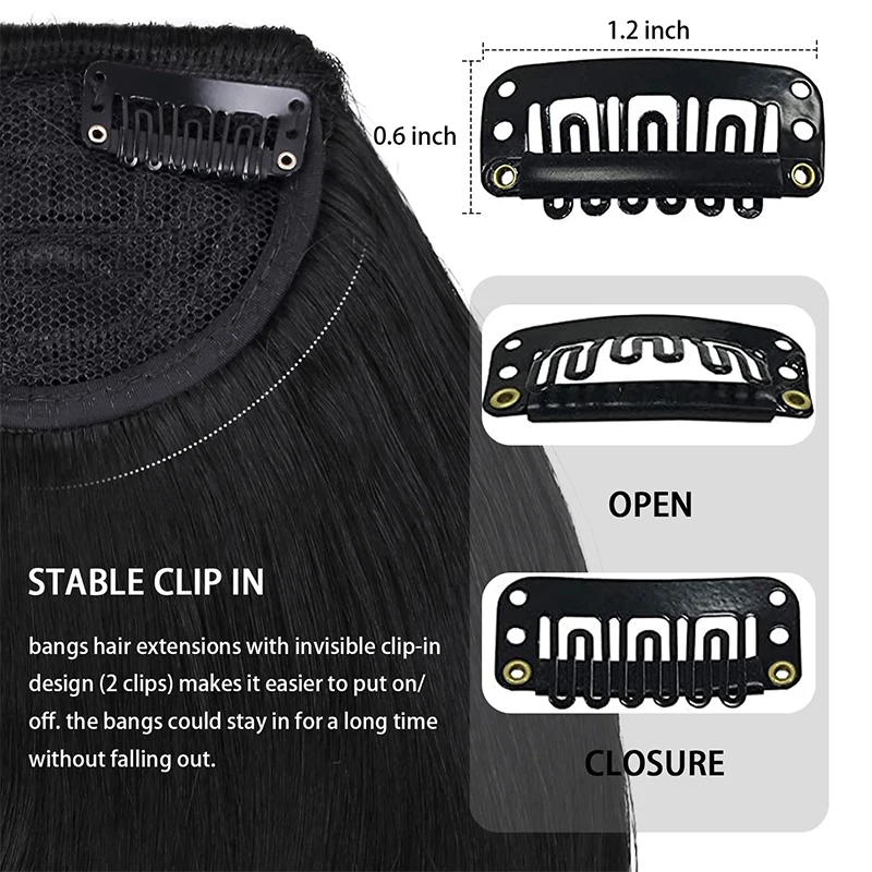 وصلات شعر وهمية بمشبك مع مشابك غير مرئية، غرة فرنسية، تغطية معبد الشعر الرقيق للنساء، غرة منحنية صناعية