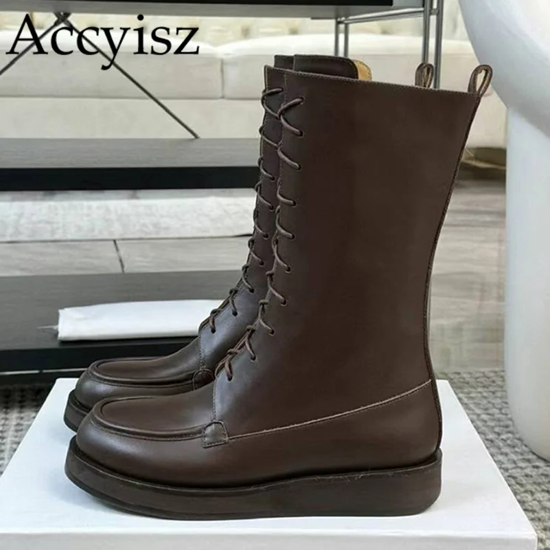 

Autumn Winter Real Leather Thick Sole Riding Boots Women Round Toe Lace Up Solid Color Ankle Boots Non-slip Handsome Short Botas