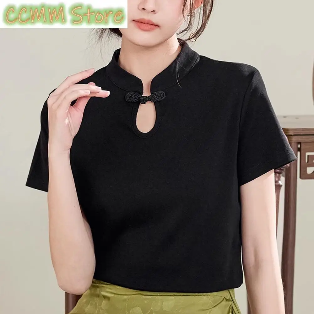 تي شيرت أحمر صيني بإبزيم من القطن الخالص بأكمام قصيرة للنساء صيفي جديد غير رسمي مقاس كبير بلوزة كلاسيكية متخصصة