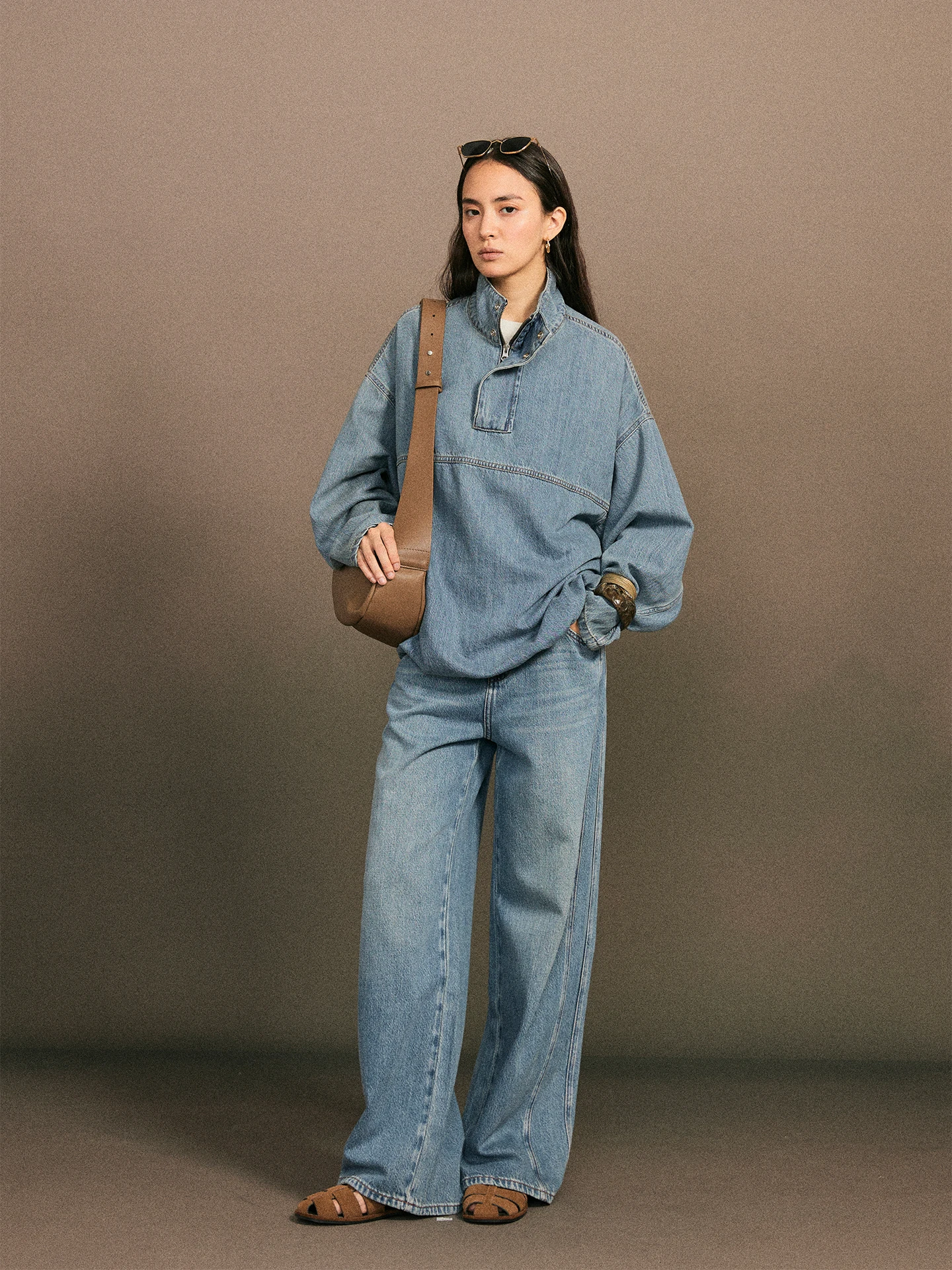 

Moofeel Denim irt, уникальный дизайн, свитшот с воротником-стойкой, повседневный топ для женщин, хлопковый длинный све, осенняя одежда