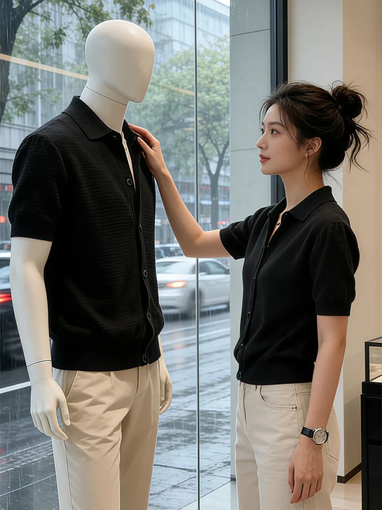 Black Knitted Short Sleeve Open Cardigan Men's Summer Casual Wear Turn-down Collar T-shirt Simple Commuting High-end Outerwear