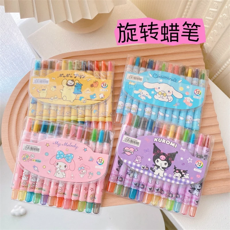 12Pcs Sanrio Graffiti Pen Kuromi My Melody Cinnamonroll Rotate Scalable Color Crayon Cartoon Doodle Pen Drawing Kid Marker Pens