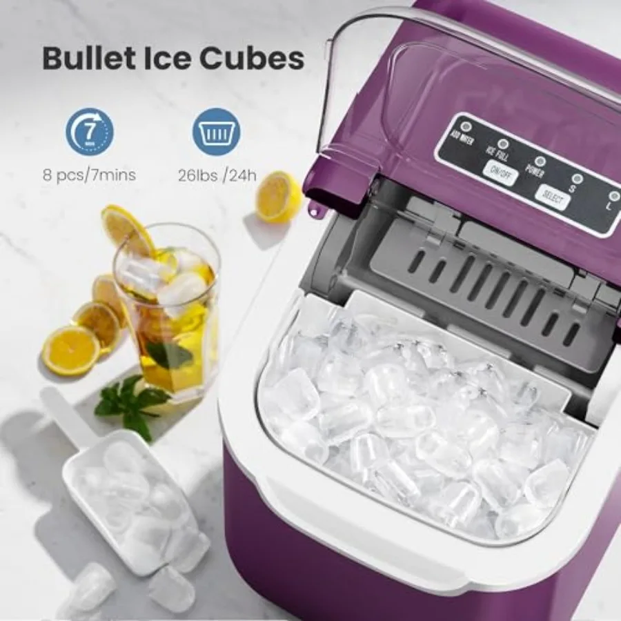 Countertop Ice Maker, 26Lbs/24H, 2 Sizes of Ice, Self-Cleaning, 8 Bullet-Shaped Ice Cubes Ready in 6 Mins, Portable Ice Machine