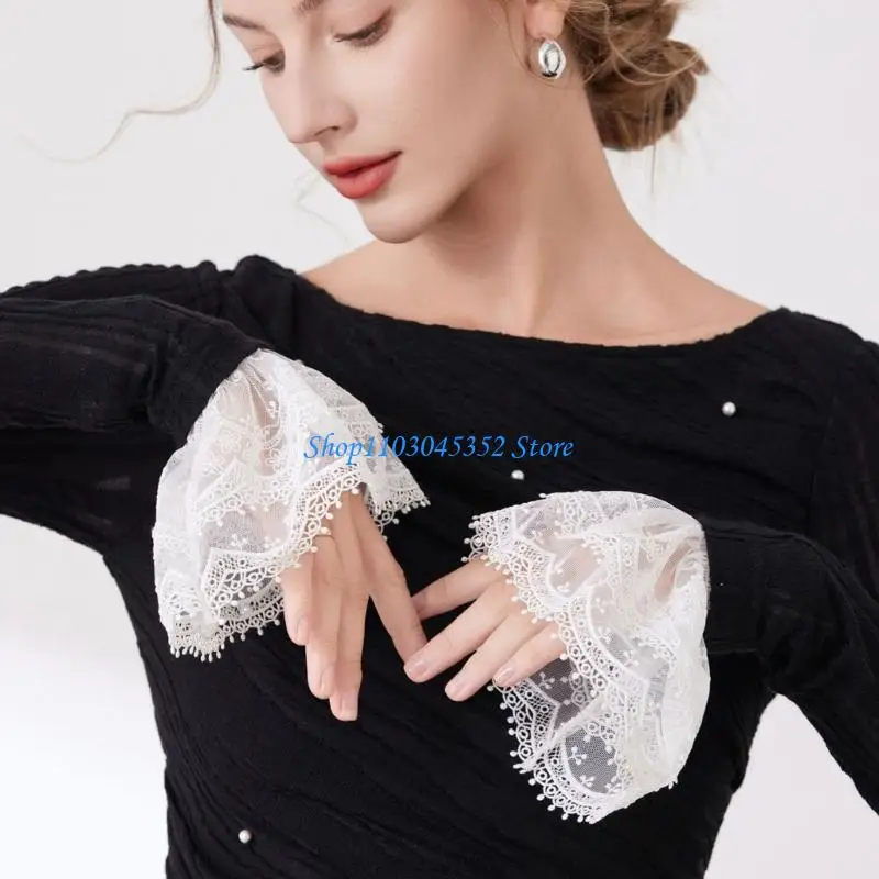 تطريز دانتيل على شكل زهرة وأكمام للذراع مريحة لأصفاد المعصم وأكمام مزخرفة للنساء في المناسبات الرسمية غير الرسمية #4