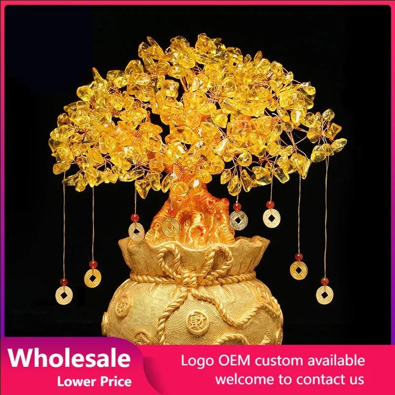 Chinese Feng Shui Lucky Fortune Money Tree Home Decoration Ornament Yellow Crystal Bonsai Wealth
