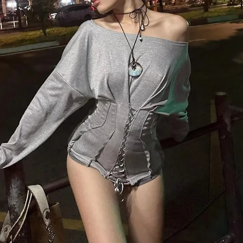 

Summer 2026 New Spice Girl Irregular Waist One-word Shoulder Long-sleeved Slim-fit Temperament Top