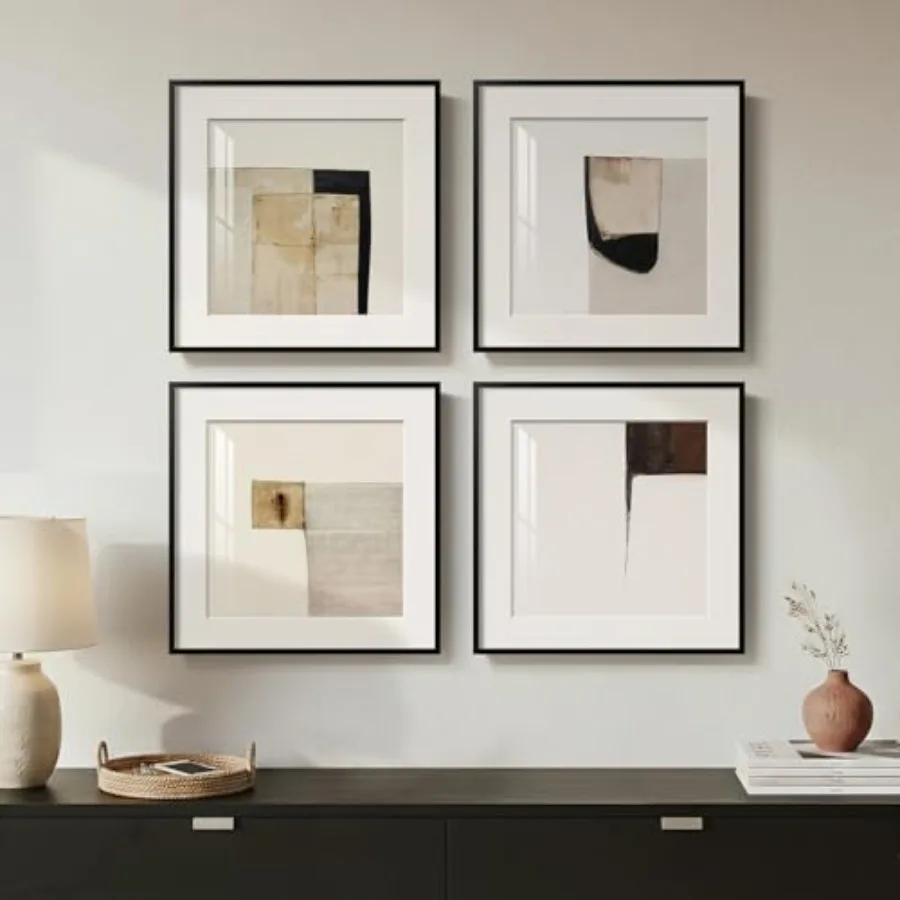 

Набор из 4 картины в рамах: нейтральные абстрактные настенные панно, геометрические современные изображения в тонких оттенках и черном цвете, минималистичные роскошные картины и принты.