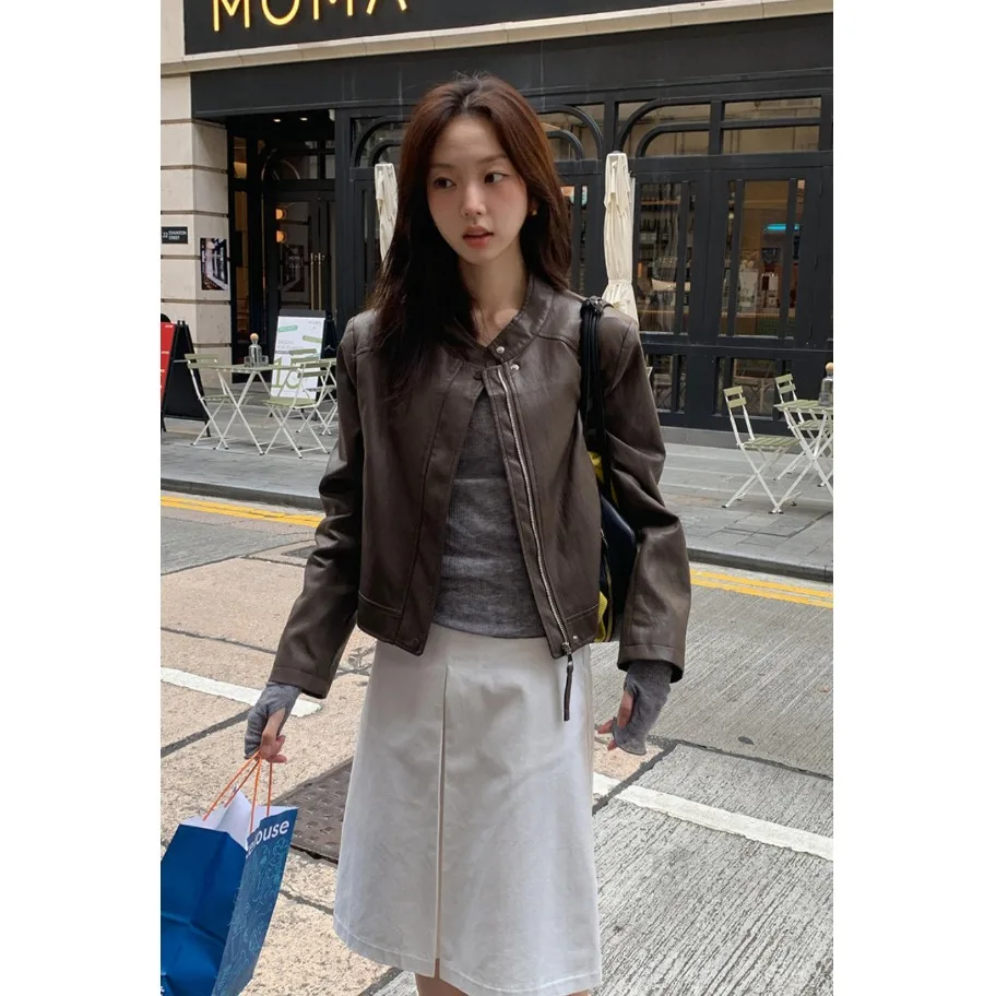 Sli rétro moto Jaet femmes rond Ne Pu cuir manteau automne hiver vêtements d'extérieur coréen Sle Street Faion
