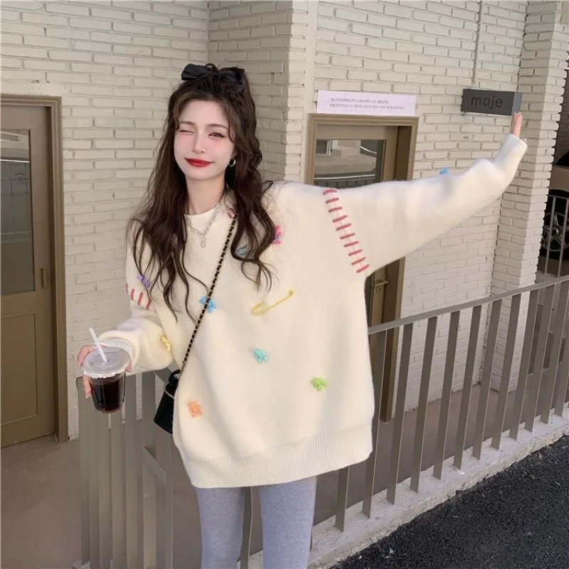 Women Autumn Winter Korean Fashion Loose Cartoon O-neck Long Sleeve Knitwear Women Clothes Sweet All-match Trend Knitting Tops